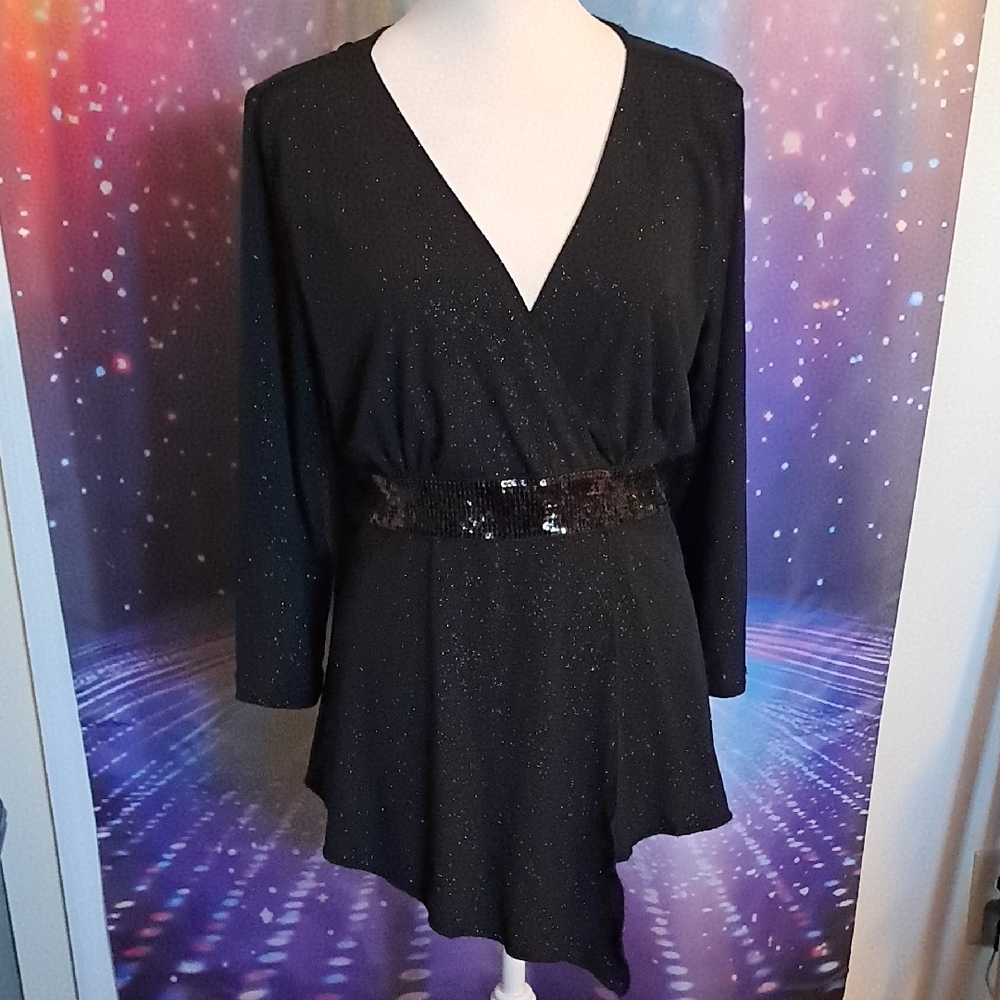 Black Glitter Long Sleeve Blouse with Sequin Detail